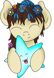 Size: 889x1279 | Tagged: safe, artist:bob-finnski, derpibooru import, oc, oc only, oc:skyfire, crab, cuddling, cute, flower, flower in hair, gift art, simple background, solo, stars, transparent background