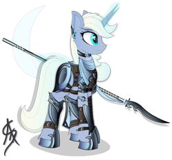 Size: 3072x2866 | Tagged: safe, artist:aleriastarlight, derpibooru import, oc, oc only, oc:moonbow, pony, unicorn, armor, badass, clothes, collar, commission, cutie mark background, cutie mark clothes, digital art, ear fluff, epic, female, glowing horn, high res, jewelry, leg strap, leggings, magic, mare, naginata, polearm, scarf, shoes, signature, simple background, solo, spear, telekinesis, transparent background, vector, weapon, wingding eyes