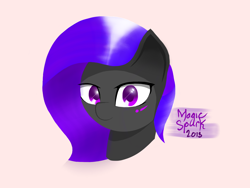 Size: 1480x1110 | Tagged: safe, artist:magicspark, derpibooru import, oc, oc only, oc:medi, earth pony, pony, bust, female, gray, mare, purple, solo