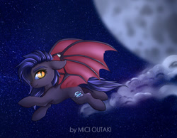 Size: 1250x969 | Tagged: safe, artist:mici124, artist:micioutaki, derpibooru import, oc, oc:dawn sentry, bat pony, pony, bat pony oc, cloud, cloudy, flying, moon, night, wings