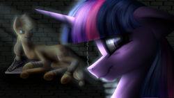 Size: 5120x2880 | Tagged: safe, artist:scalestroke315, derpibooru import, applejack, twilight sparkle, earth pony, pony, fanfic:an apple sleep experiment, chains, female, mare, prison