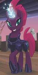 Size: 566x1110 | Tagged: safe, derpibooru import, tempest shadow, unicorn, my little pony: the movie, airship, broken horn, eye scar, magic, pretty pretty tempest, raised hoof, scar, solo, sparking horn, sparkles, we are unicorns