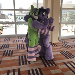 Size: 3024x3024 | Tagged: safe, derpibooru import, oc, oc only, oc:crescent star, oc:feather freight, crystal pony, human, pegasus, pony, unicorn, bronycon, clothes, crystal unicorn, fursuit, harness, hug, irl, irl human, photo, real, socks, striped socks, tack, yoke