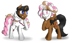 Size: 4961x3000 | Tagged: safe, artist:timsplosion, derpibooru import, oc, oc:doctor haywick, oc:nurse haywick, oc:pink pepper, pony, unicorn, clothes, commission, costume, duo, female, high res, looking at each other, mare, mask, masking, ponysuit, rule 63, simple background, smiling, transparent background