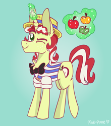 Size: 792x899 | Tagged: safe, artist:pink-pone, derpibooru import, flim, pony, apple, food, magic, one eye closed, solo, wink