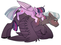 Size: 1024x755 | Tagged: safe, artist:flinksea, derpibooru import, thunderlane, twilight sparkle, twilight sparkle (alicorn), alicorn, pegasus, pony, blushing, eyes closed, female, horn, leonine tail, lying on top of someone, male, shipping, size difference, spread wings, straight, twilane, wings