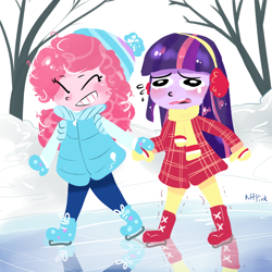 Size: 2300x2300 | Tagged: safe, artist:puffpink, pinkie pie, twilight sparkle, equestria girls, cute, female, ice skates, ice skating, lesbian, shipping, twinkie, winter, winter outfit