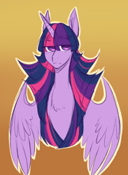 Size: 950x1300 | Tagged: safe, artist:yuyusunshine, twilight sparkle, twilight sparkle (alicorn), alicorn, pony, gradient background, serious, solo, wings