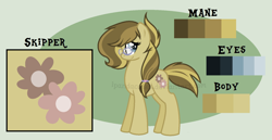 Size: 1024x530 | Tagged: safe, artist:ipandacakes, derpibooru import, oc, oc:skipper, earth pony, pony, female, glasses, mare, offspring, parent:derpy hooves, parent:doctor whooves, parents:doctorderpy, reference sheet, solo