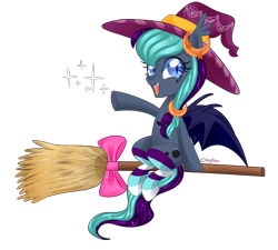 Size: 4000x3600 | Tagged: safe, artist:kaikururu, oc, oc only, oc:witch hunt, bat pony, pony, bow, broom, clothes, female, flying, flying broomstick, mare, simple background, socks, solo, striped socks, transparent background, witch