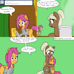 Size: 1600x1600 | Tagged: safe, artist:jake heritagu, scootaloo, oc, oc:sandy hooves, pony, comic:ask motherly scootaloo, clothes, comic, cooking pot, motherly scootaloo, sweatshirt