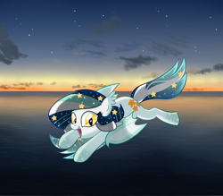 Size: 1391x1218 | Tagged: safe, oc, oc only, oc:wistful galaxy, bat pony, pony, female, mare, ocean, scenery, solo, sunset, water