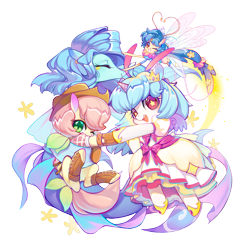 Size: 3543x3543 | Tagged: safe, artist:ciciya, derpibooru import, oc, oc only, bat pony, breezie, pony, sea pony, antennae, breezie oc, chest fluff, clothes, cowboy hat, cute, dress, ear piercing, earring, eyes closed, female, hat, headband, high res, horseshoes, hug, jewelry, kneesocks, leather gloves, looking at you, mare, one eye closed, piercing, sea pony oc, simple background, slit eyes, smiling, socks, starry eyes, transparent background, wingding eyes