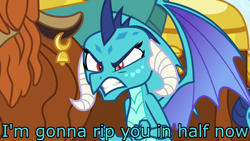 Size: 1280x720 | Tagged: safe, derpibooru import, edit, edited screencap, screencap, prince rutherford, princess ember, dragon, yak, school daze, angry, clenched fist, deadpool 2, furious, gritted teeth, i'll show you unpredictable, image macro, juggernaut, meme, offended