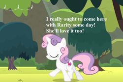 Size: 768x512 | Tagged: safe, derpibooru import, edit, edited screencap, screencap, sweetie belle, pony, unicorn, surf and/or turf, cropped, cute, cutie mark, diasweetes, female, filly, harmonizing heights, implied rarity, mount aris, solo, text, the cmc's cutie marks, tree