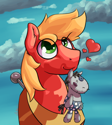 Size: 1800x2000 | Tagged: safe, artist:lurker, derpibooru import, big macintosh, smarty pants, colored, cute, heart, male, sky, stallion