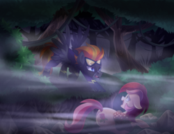 Size: 3500x2700 | Tagged: safe, artist:drawntildawn, roseluck, oc, earth pony, pegasus, pony, clothes, costume, female, fog, forest, male, mare, shadowbolts, shadowbolts costume, stallion