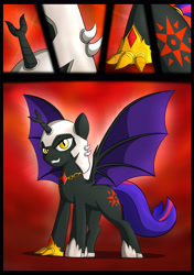 Size: 3024x4299 | Tagged: safe, artist:theravencriss, derpibooru import, oc, oc only, oc:fallenlight, alicorn, bat pony, bat pony alicorn, comic:curse and madness, armor, bat wings, clothes, comic, cutie mark, female, forked horn, gauntlet, helmet, jewelry, mare, membranous wings, mlpcam, necklace, oc villain, red and black oc, shoes, solo, solo focus