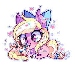 Size: 458x407 | Tagged: safe, artist:ipun, derpibooru import, oc, oc only, oc:bay breeze, pegasus, pony, arm hooves, blushing, bow, chibi, cute, female, hair bow, heart, heart eyes, mare, ocbetes, plushie, pokémon, pokémon x and y, simple background, solo, sylveon, tail bow, transparent background, wingding eyes