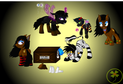 Size: 6000x4125 | Tagged: safe, artist:lakword, derpibooru import, oc, oc only, oc:aspeni, oc:eve, oc:flik, oc:vellastar, changeling, earth pony, pony, zebra, absurd resolution, clothes, doll, forced, fun, group, nylon, silly, smiling, socks, striped socks, zebra oc