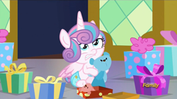 Size: 914x512 | Tagged: safe, screencap, princess flurry heart, pony, a flurry of emotions, cloth diaper, diaper, discovery family logo, growling, present, pretending to be a bear, safety pin, solo, twilight's castle