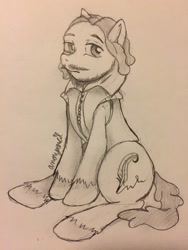 Size: 2250x3000 | Tagged: safe, artist:anonpencil, derpibooru import, oc, earth pony, pony, beard, clothes, facial hair, fimfiction, hooves, male, moustache, quill, sitting, sketch, solo, traditional art, unshorn fetlocks