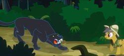 Size: 1440x651 | Tagged: safe, derpibooru import, screencap, daring do, cat, panther, pegasus, pony, read it and weep, ahuizotl's cats, animal, clothes, female, hat, jungle, mare, open mouth, pith helmet, snarling