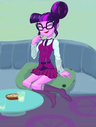 Size: 1668x2224 | Tagged: safe, artist:xjleiu, derpibooru import, sci-twi, twilight sparkle, equestria girls, clothes, cute, eyes closed, feet, female, food, glass, glasses, hair bun, moe, pleated skirt, popcorn, skirt, socks, solo