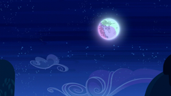 Size: 1280x720 | Tagged: safe, derpibooru import, screencap, the cutie re-mark, alternate timeline, cloud, full moon, implied princess celestia, mare in the moon, moon, mountain, night, nightmare takeover timeline