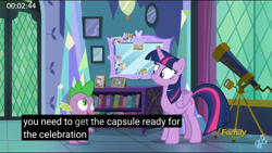 Size: 2560x1440 | Tagged: safe, screencap, spike, twilight sparkle, twilight sparkle (alicorn), alicorn, dragon, pony, celestial advice, book, meme, mirror, telescope, twilight's castle, youtube caption