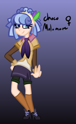 Size: 487x794 | Tagged: safe, artist:eppyminecart, derpibooru import, oc, oc only, oc:choco molomare, human, blue background, clothes, female, gradient background, headband, high heels, humanized, humanized oc, icey-verse, magical lesbian spawn, necktie, next generation, offspring, parent:coco pommel, parent:suri polomare, parents:cocopolo, shirt, shoes, shorts, side slit, simple background, skirt, socks, solo