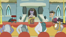 Size: 914x512 | Tagged: safe, screencap, cloudy quartz, igneous rock pie, limestone pie, marble pie, maud pie, pony, rock solid friendship, graduation, graduation cap, hat, pie family, pie sisters, podium, quartzrock, rusty tenure, siblings, sisters