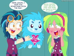 Size: 2800x2100 | Tagged: safe, artist:rainbowyoshi305, derpibooru import, indigo zap, lemon zest, pukwudgie, equestria girls, school daze, blushing, clothes, crystal prep academy uniform, dialogue, female, lemonzap, lesbian, open mouth, plushie, school uniform, shipping