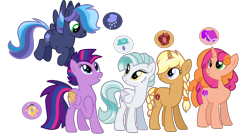 Size: 2820x1530 | Tagged: safe, artist:unicorn-mutual, derpibooru import, oc, oc only, pegasus, pony, unicorn, female, mare, offspring, parent:applejack, parent:cheese sandwich, parent:flash sentry, parent:pinkie pie, parent:rainbow dash, parent:rarity, parent:soarin', parent:thunderlane, parent:trenderhoof, parent:twilight sparkle, parents:cheesepie, parents:flashlight, parents:rarilane, parents:soarindash, parents:trenderjack, simple background, transparent background