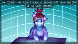 Size: 1920x1080 | Tagged: safe, artist:luv4horsez, derpibooru import, oc, oc:miss final verse, semi-anthro, amber eyes, clothes, computer, computer mouse, confused, creepy, desk, digital, fourth wall, game, grid, keyboard, oneshot, ponytail, scarf, shocked, text