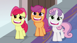 Size: 1280x720 | Tagged: safe, derpibooru import, screencap, apple bloom, scootaloo, sweetie belle, earth pony, pegasus, pony, unicorn, marks for effort, adorabloom, cute, cutealoo, cutie mark crusaders, diasweetes, faic, please, smiling, weapons-grade cute