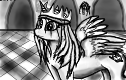 Size: 2200x1400 | Tagged: safe, derpibooru import, oc, alicorn, crown, jewelry, monochrome, palace, regalia, smiling, solo, wings