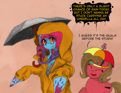 Size: 1046x800 | Tagged: safe, artist:hewison, derpibooru import, oc, oc only, oc:cteno, oc:pun, earth pony, pony, ask, ask pun, female, hat, mare, pun, raincoat, umbrella, umbrella hat