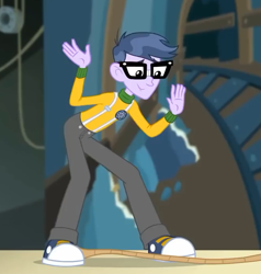 Size: 649x682 | Tagged: safe, derpibooru import, screencap, microchips, all the world's off stage, all the world's off stage: micro chips, better together, equestria girls, clothes, converse, cropped, glasses, male, pants, shoes, smiling, sneakers