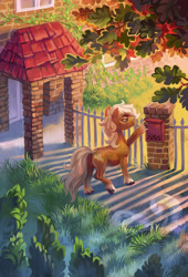 Size: 1280x1882 | Tagged: safe, artist:holivi, derpibooru import, oc, oc only, pony, building, commission, door, mailbox, scenery, solo