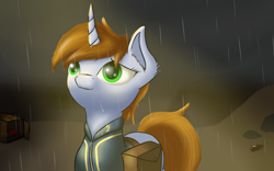 Size: 3200x2000 | Tagged: safe, artist:kirasunnight, oc, oc only, oc:littlepip, pony, unicorn, fallout equestria, colored pupils, ear fluff, female, mare, rain, saddle bag, solo, vault suit