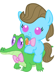 Size: 786x1017 | Tagged: safe, artist:red4567, beauty brass, gummy, pony, baby, baby pony, cute, pacifier, ponies riding gators, riding