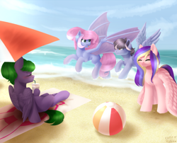 Size: 2100x1700 | Tagged: safe, artist:nika-rain, oc, oc only, bat pony, pegasus, pony, beach, beach ball, beach umbrella, female, male, mare, ocean, stallion