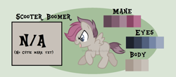Size: 1563x685 | Tagged: safe, artist:ipandacakes, derpibooru import, oc, oc:scooter boomer, pegasus, pony, colt, male, offspring, parent:rumble, parent:scootaloo, parents:rumbloo, reference sheet, solo