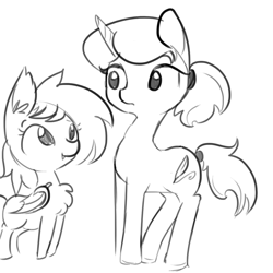 Size: 1080x1080 | Tagged: safe, artist:tjpones, oc, oc only, oc:bet horse, oc:tol horse, bat pony, pony, unicorn, chest fluff, duo, ear fluff, grayscale, looking up, monochrome, ponytail, simple background, smiling, tail wrap, tall, white background