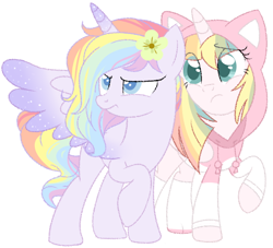 Size: 730x664 | Tagged: safe, artist:owlity, derpibooru import, oc, oc:flower power, oc:sweet dreams, alicorn, alicorn oc, angry, cat hoodie, clothes, female, flower, flower in hair, hoodie, multicolored hair, pastel, rainbow, shy, sisters, sparkles