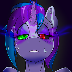 Size: 2400x2400 | Tagged: safe, artist:phantomis000, oc, oc only, oc:vinyl darkscratch, alicorn, anthro, cyborg, goo, goo pony, original species, anthro oc, dark magic, eyeshadow, frown, gooborg, heterochromia, looking at you, looking down, magic, makeup, slit eyes, solo, sombra eyes