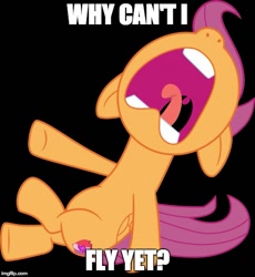 Size: 500x544 | Tagged: source needed, useless source url, safe, derpibooru import, scootaloo, pegasus, pony, black background, distress, floppy ears, image macro, meme, sad, scootaloo can't fly, screaming, simple background, solo, writing