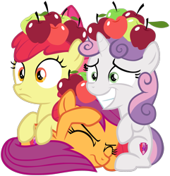 Size: 2013x2090 | Tagged: safe, artist:frownfactory, apple bloom, scootaloo, sweetie belle, pony, hard to say anything, apple, behaving like apples, cutie mark, cutie mark crusaders, female, filly, food, simple background, the cmc's cutie marks, transparent background, vector