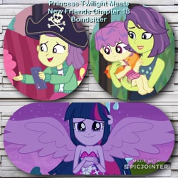 Size: 2048x2048 | Tagged: safe, artist:huntercwalls, derpibooru import, edit, edited screencap, screencap, lily pad (equestria girls), twilight sparkle, twilight sparkle (alicorn), victoria, water lily (equestria girls), alicorn, equestria girls, equestria girls (movie), equestria girls series, pinkie sitting, turf war, adorable face, clothes, crying, cute, fanfic, fanfic art, fanfic cover, fimfiction, friendship, happy, one-piece swimsuit, photoshop, smiling, swimsuit